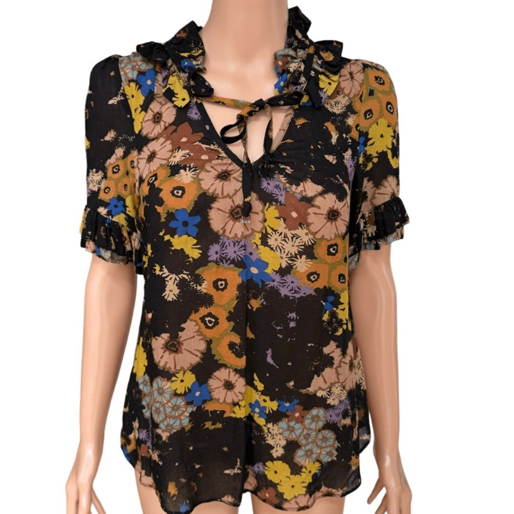 Anthropologie Odille Bianca Floral Ruffle Tie Neck Short Sleeve Blouse | Size 4